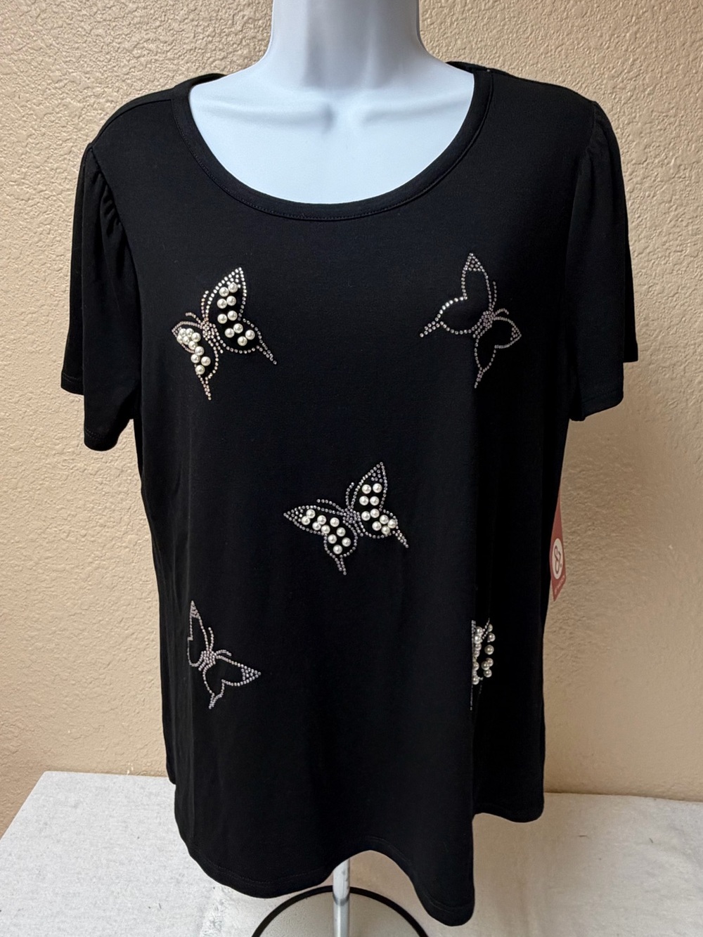 4/$20 89th & Madison Black Short Sleeve Tee with Rhinestone & Pearl Butterfly